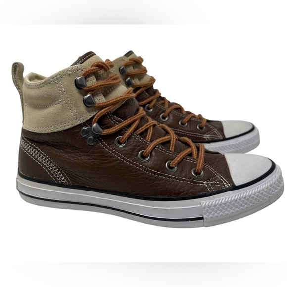 Converse High-Top Sneakers in Brown Leather & Cream Suede Sz 10 Women’s